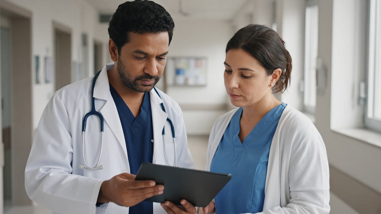 Ärztin und Pflegekraft in einer modernen deutschen Klinik